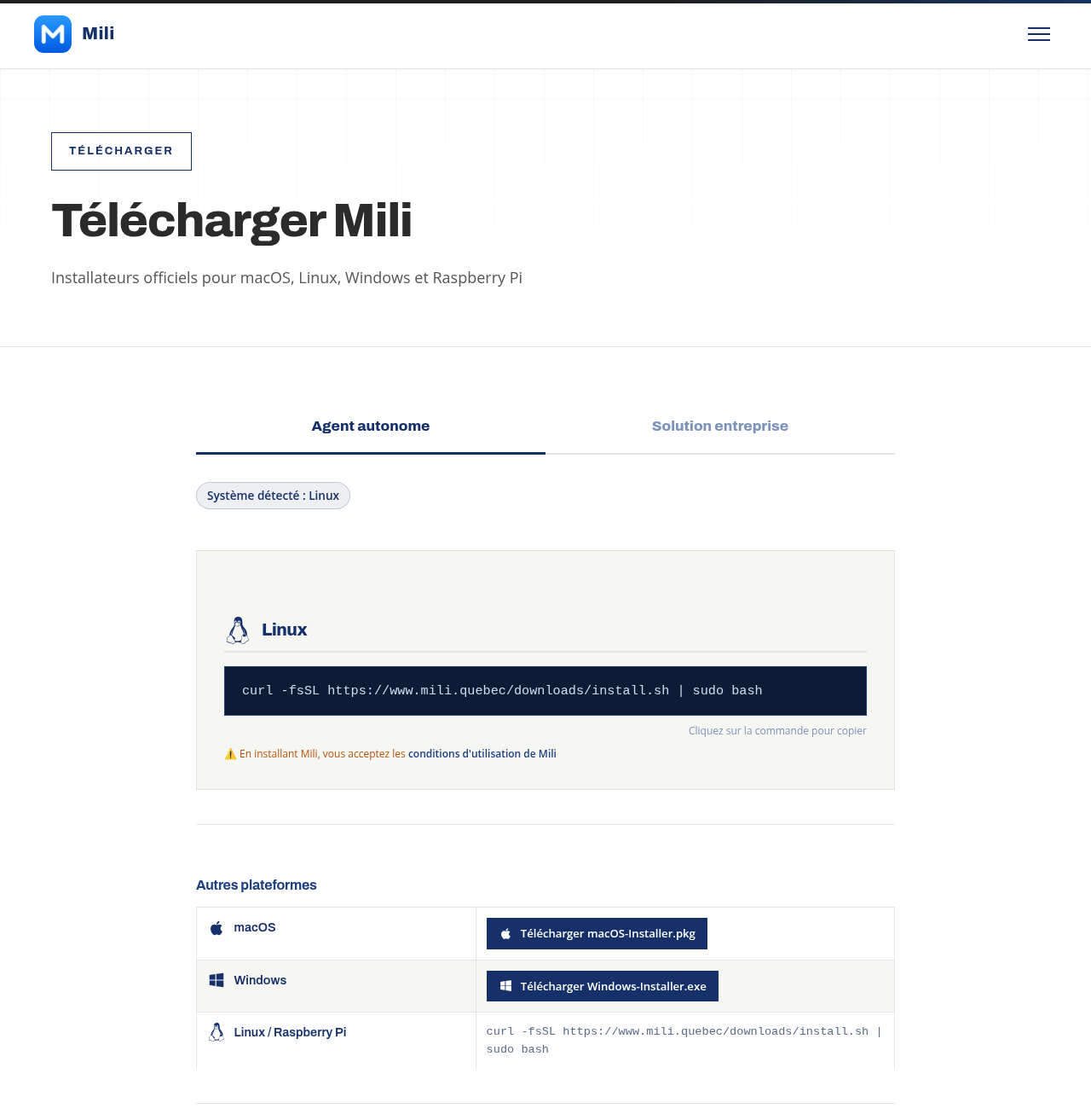 La page de téléchargement affiche l’installateur pour votre système.