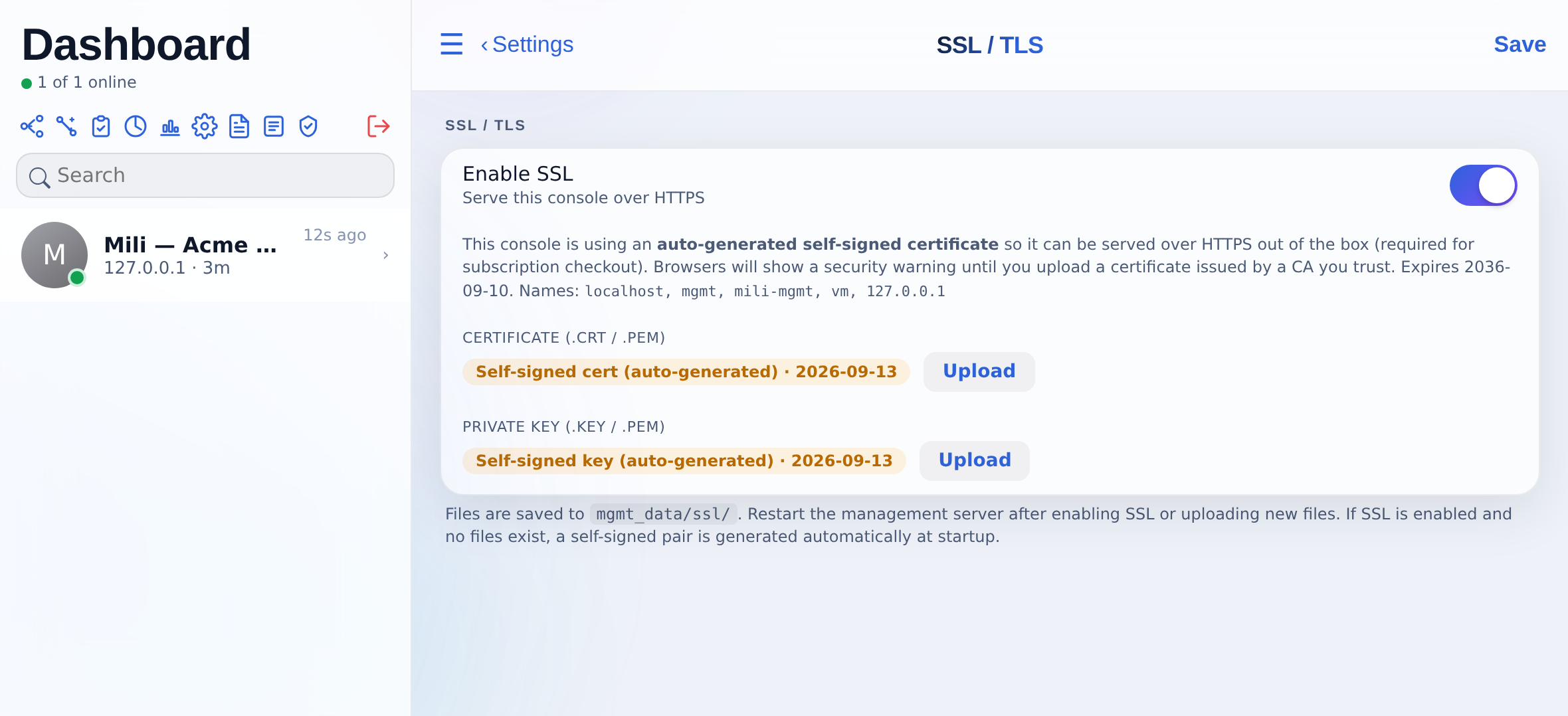 Settings, SSL / TLS: the auto-generated certificate and the upload controls.
