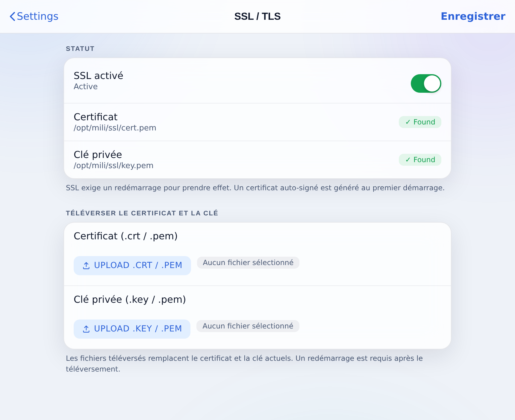 Réglages, SSL / TLS : état, et téléversement d’un certificat et d’une clé.