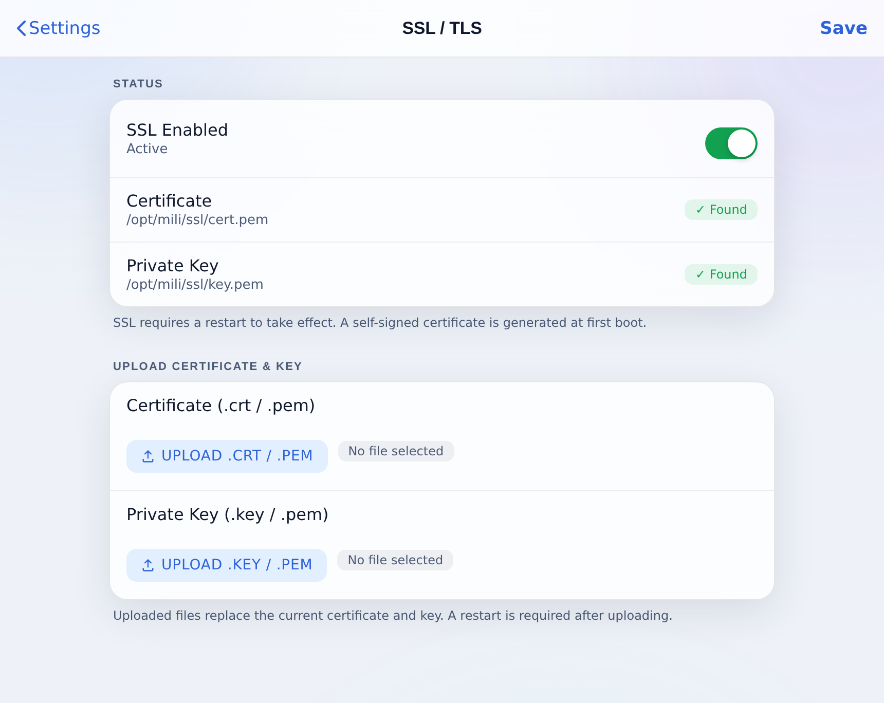 Settings, SSL / TLS: status, and upload of a certificate and key.