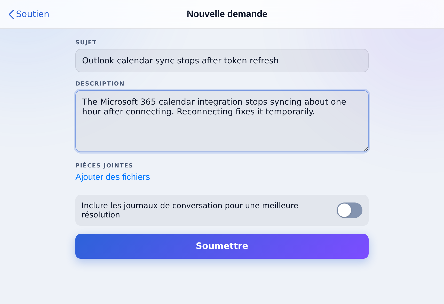 Soutien, Nouvelle demande : sujet, description, pièces jointes et journaux de conversation.